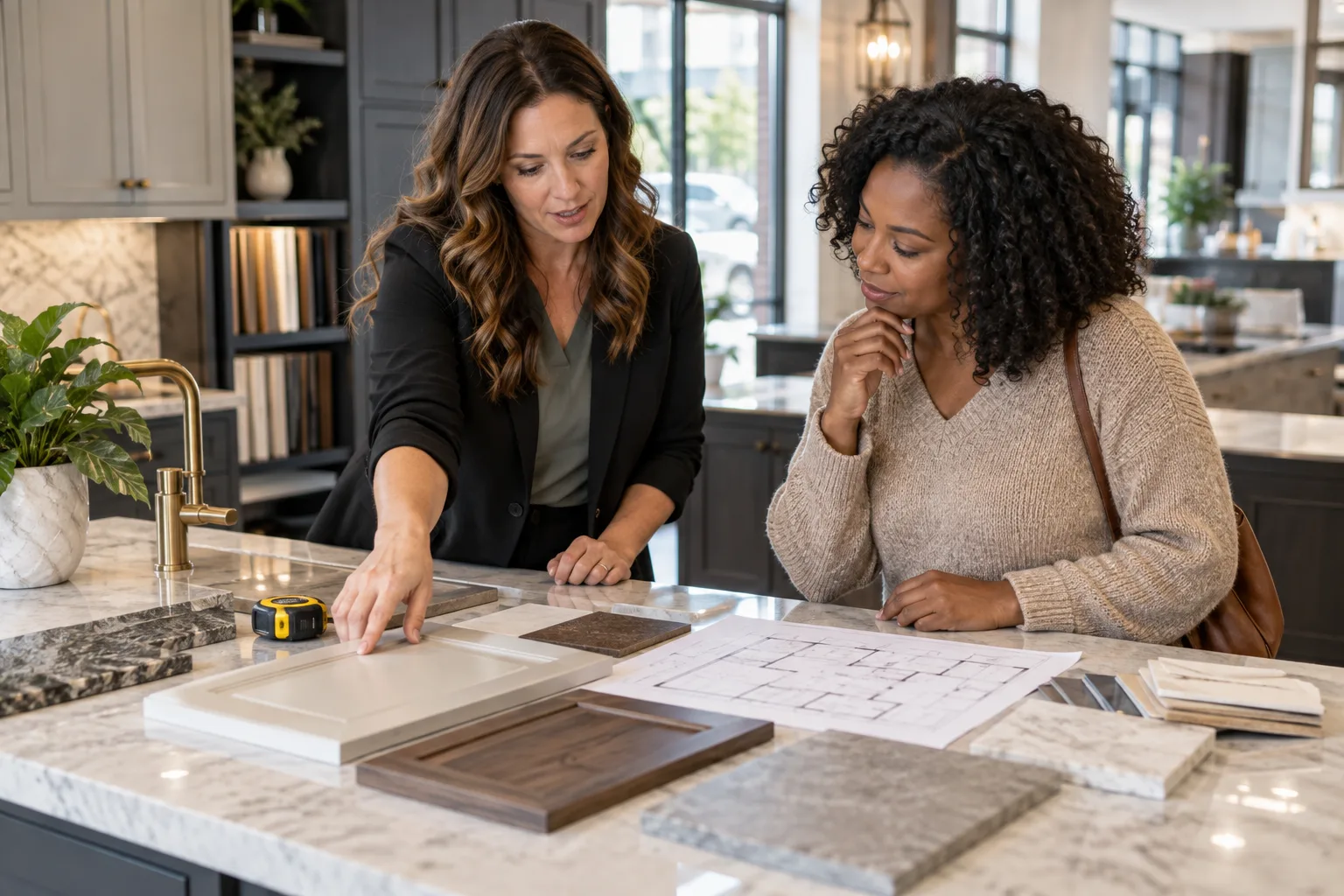 Kitchen designer reviewing plans and material samples with a homeowner