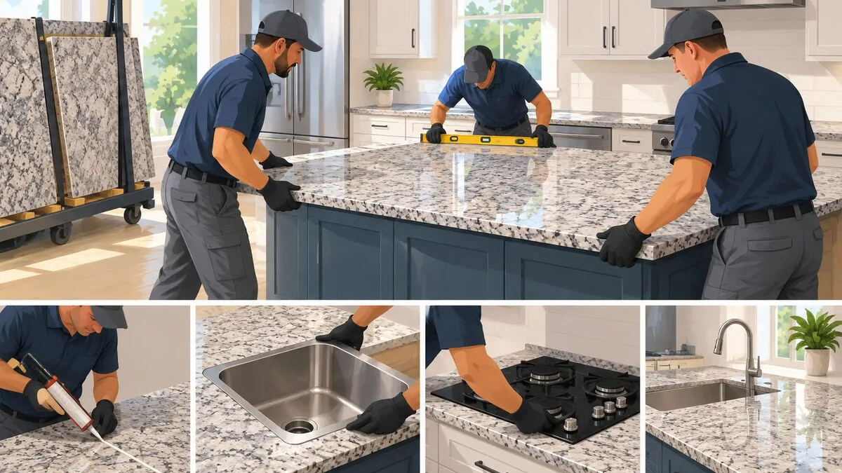 Editorial illustration for What Happens on Granite Countertop Installation Day: A Step-by-Step Guide for Homeowners